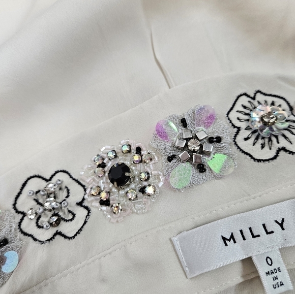 Milly 100% Silk Cream Sleeveless Blouse Jeweled‎ Collar Size 0 Women's D64 - Picture 10 of 14